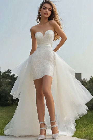Ivory Lace High-Low Engagement Dress with Ruffles